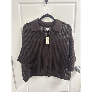 Aerie Poolside Crochet Cardigan Brown Short Sleeve Button Up Knit Top Medium NWT